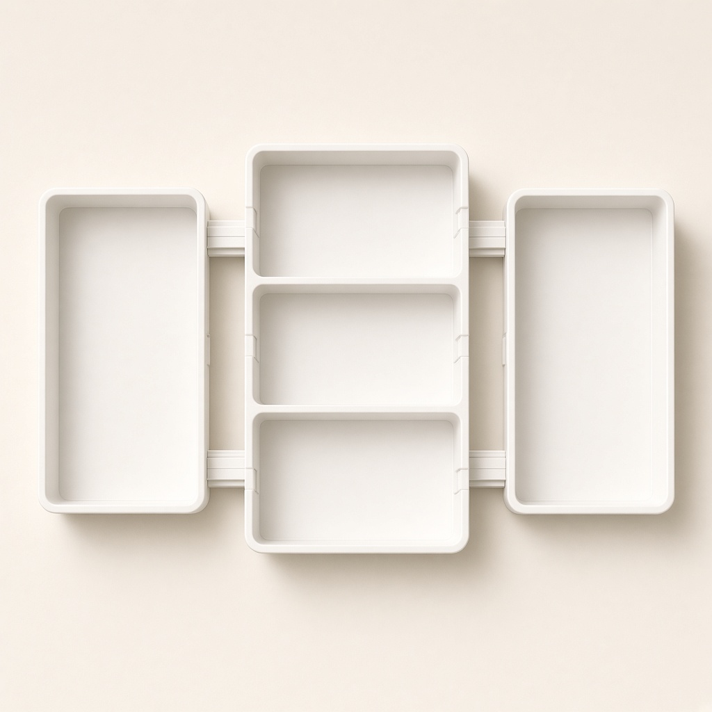 Generated illustration of an expandable drawer organizer, not a sample photo.